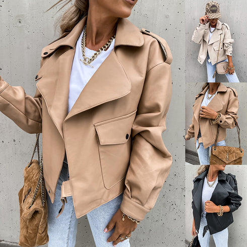 Women PU Leather Top Coat Jacket Loose - ROUTINE FASHION